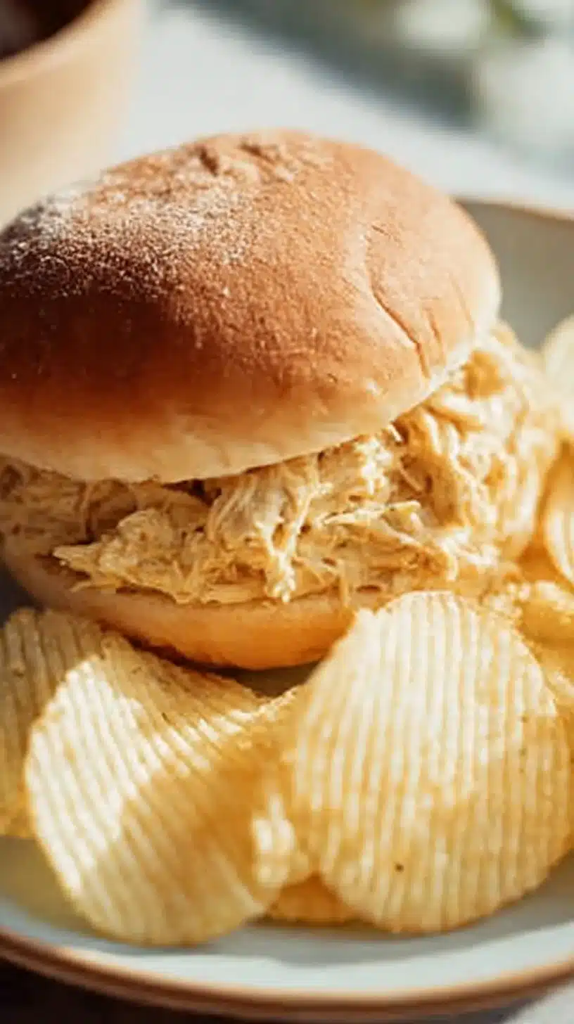 Delicious Ohio shredded chicken sandwich served with fresh toppings and sides