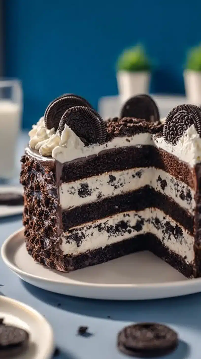 Delicious Cookies and Cream Cake topped with crushed cookies and whipped cream