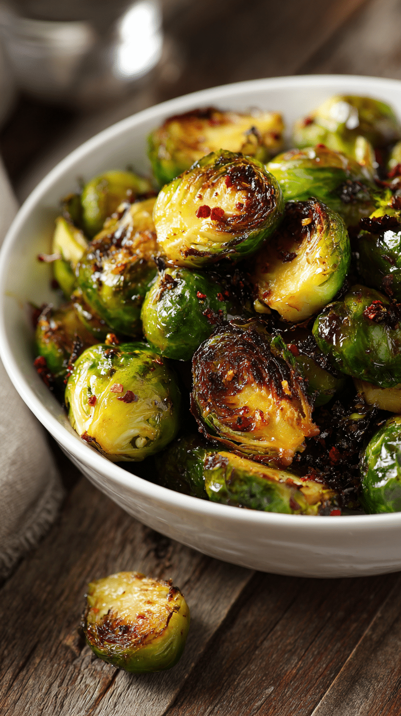 Crispy roasted Brussels sprouts with honey butter glaze and smoky spices served in a white bowl on a wooden table