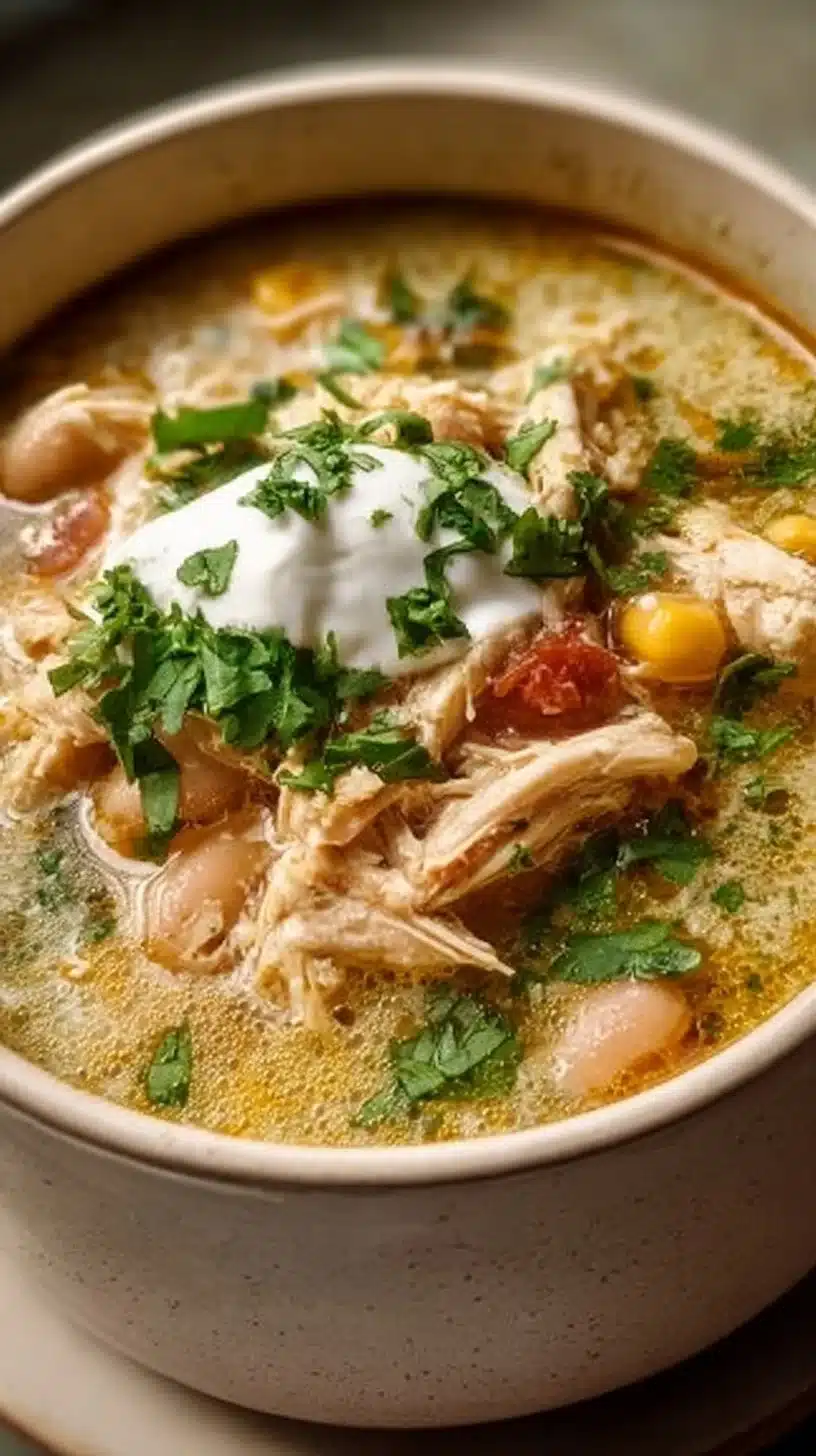 Cozy ghostly white chicken chili in a bowl, garnished with herbs.