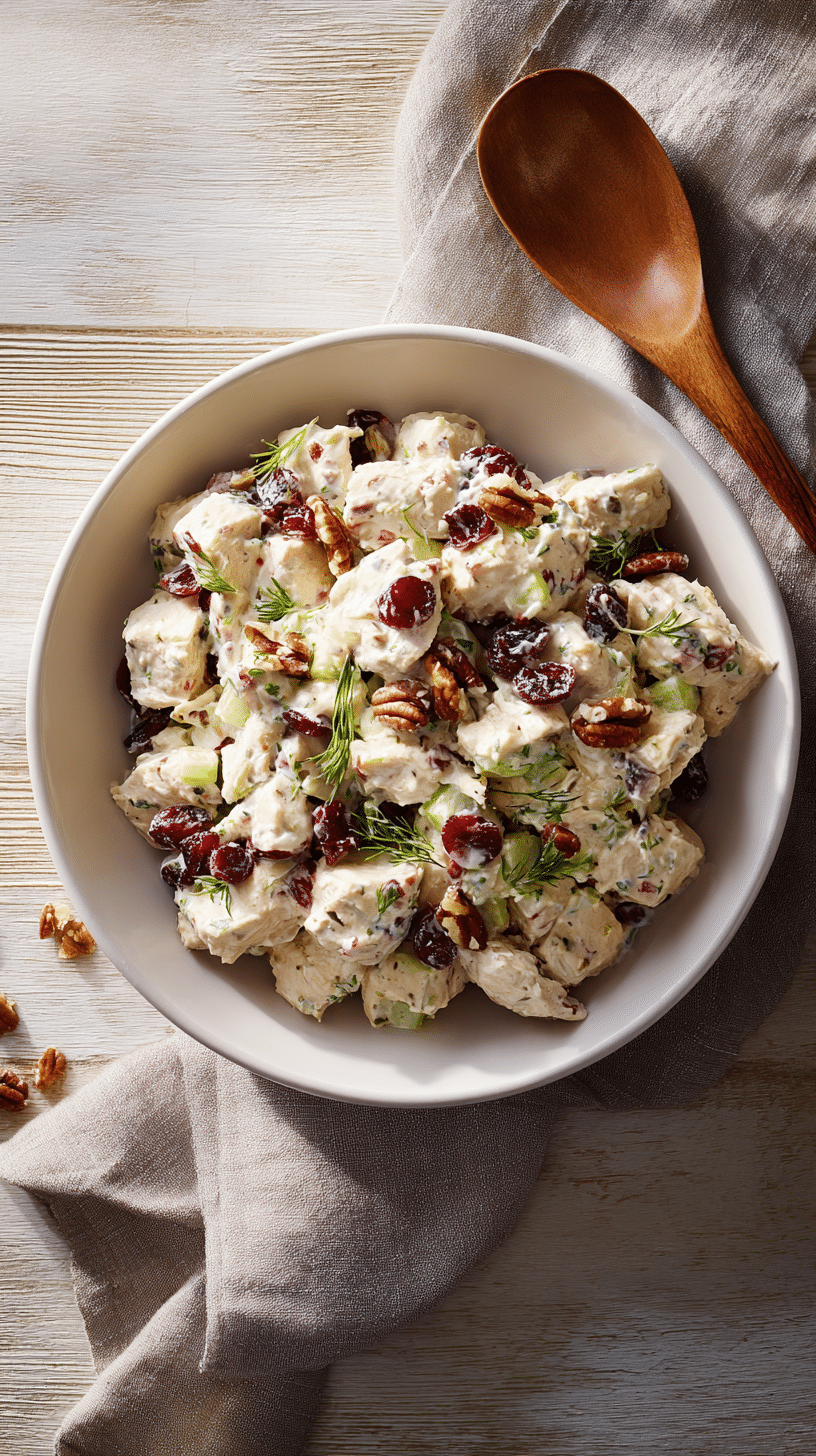 Bowl of creamy cranberry chicken salad with pecans, celery, and herbs on a wooden table.