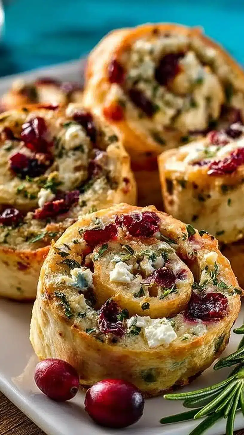 Cranberry Cream Cheese Pinwheels with Feta and Herbs on a platter