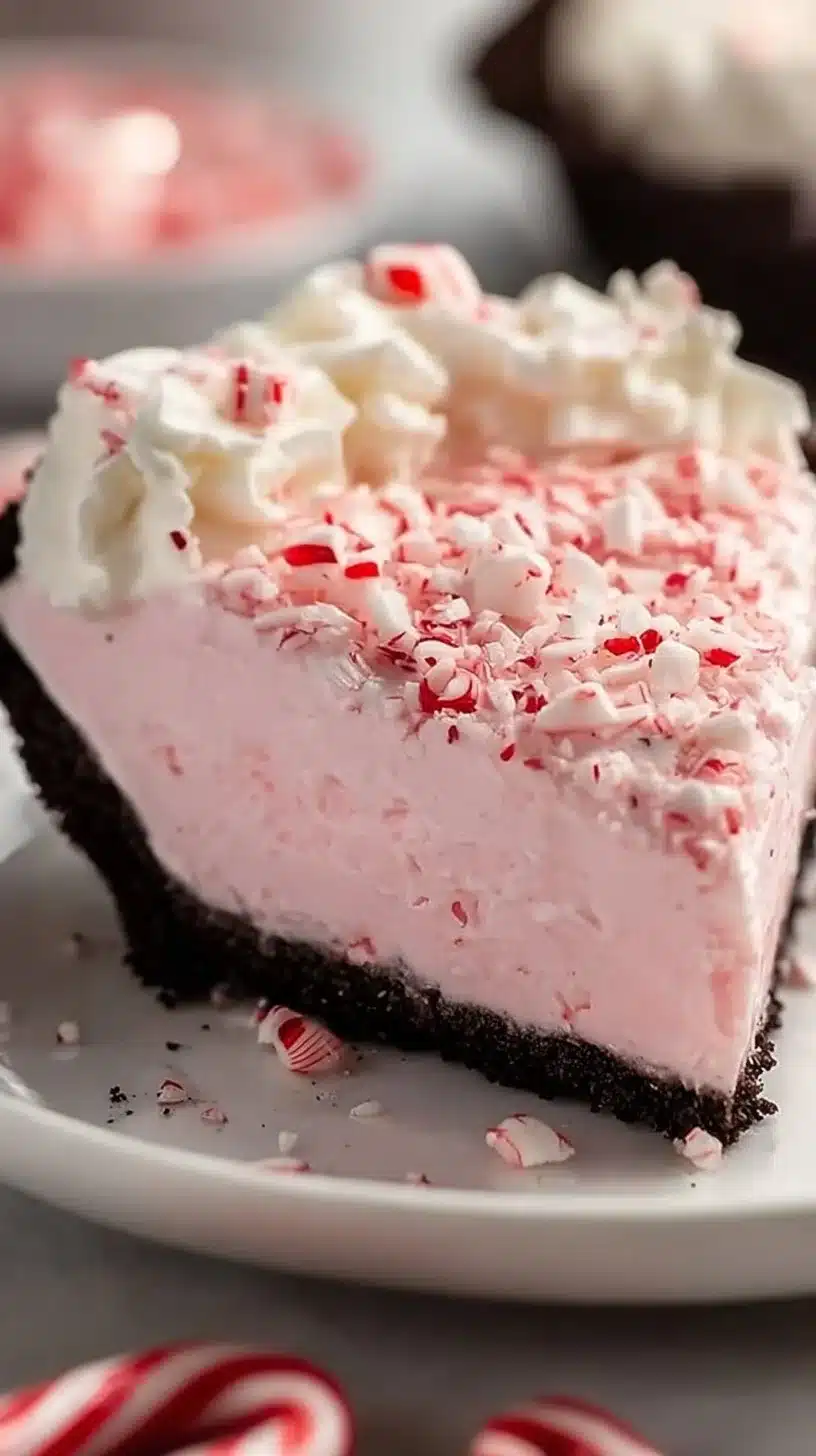 A slice of creamy Christmas peppermint pie decorated with holiday sprinkles.