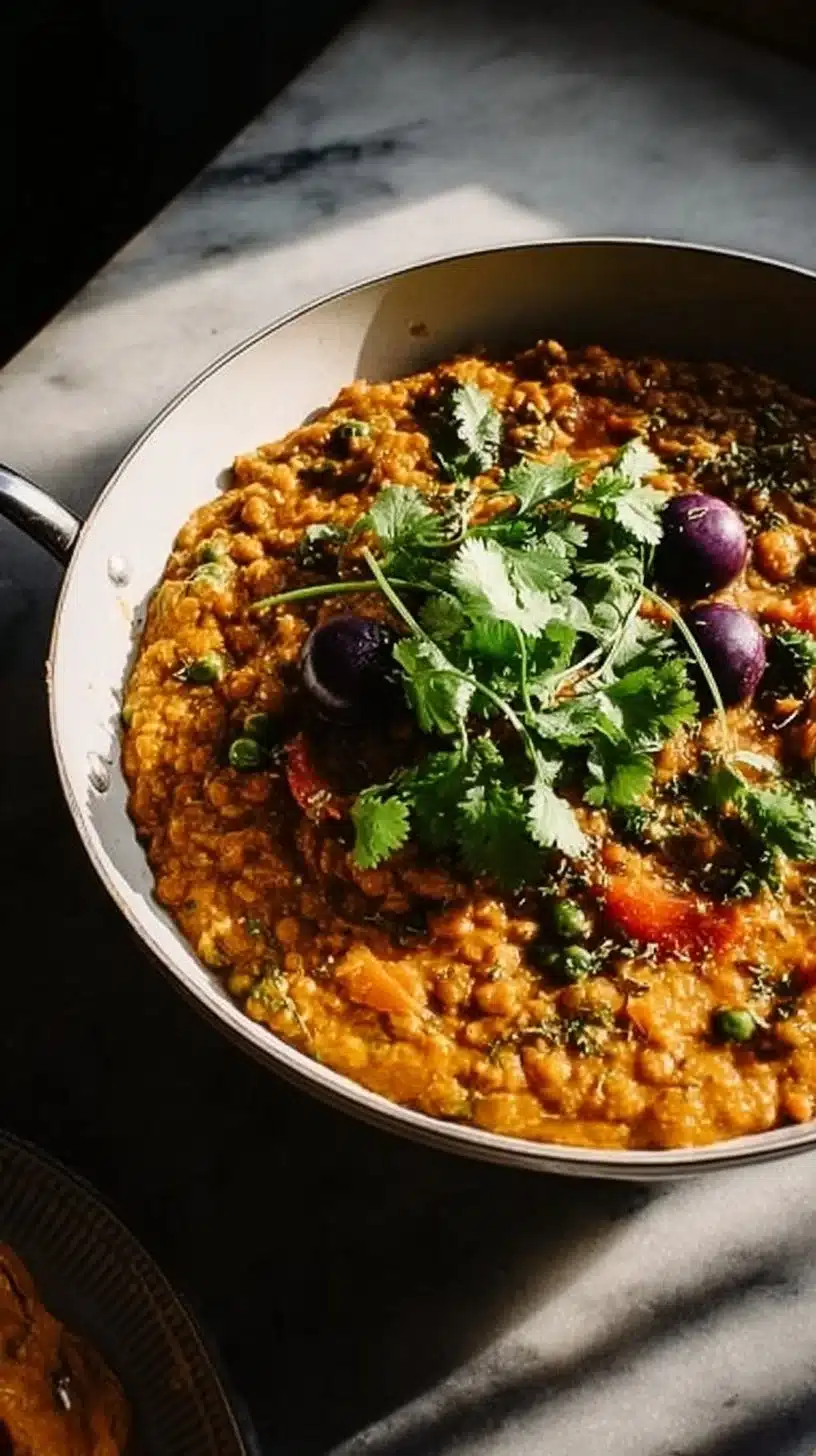 Bowl of creamy coconut lentil curry garnished with herbs and spices