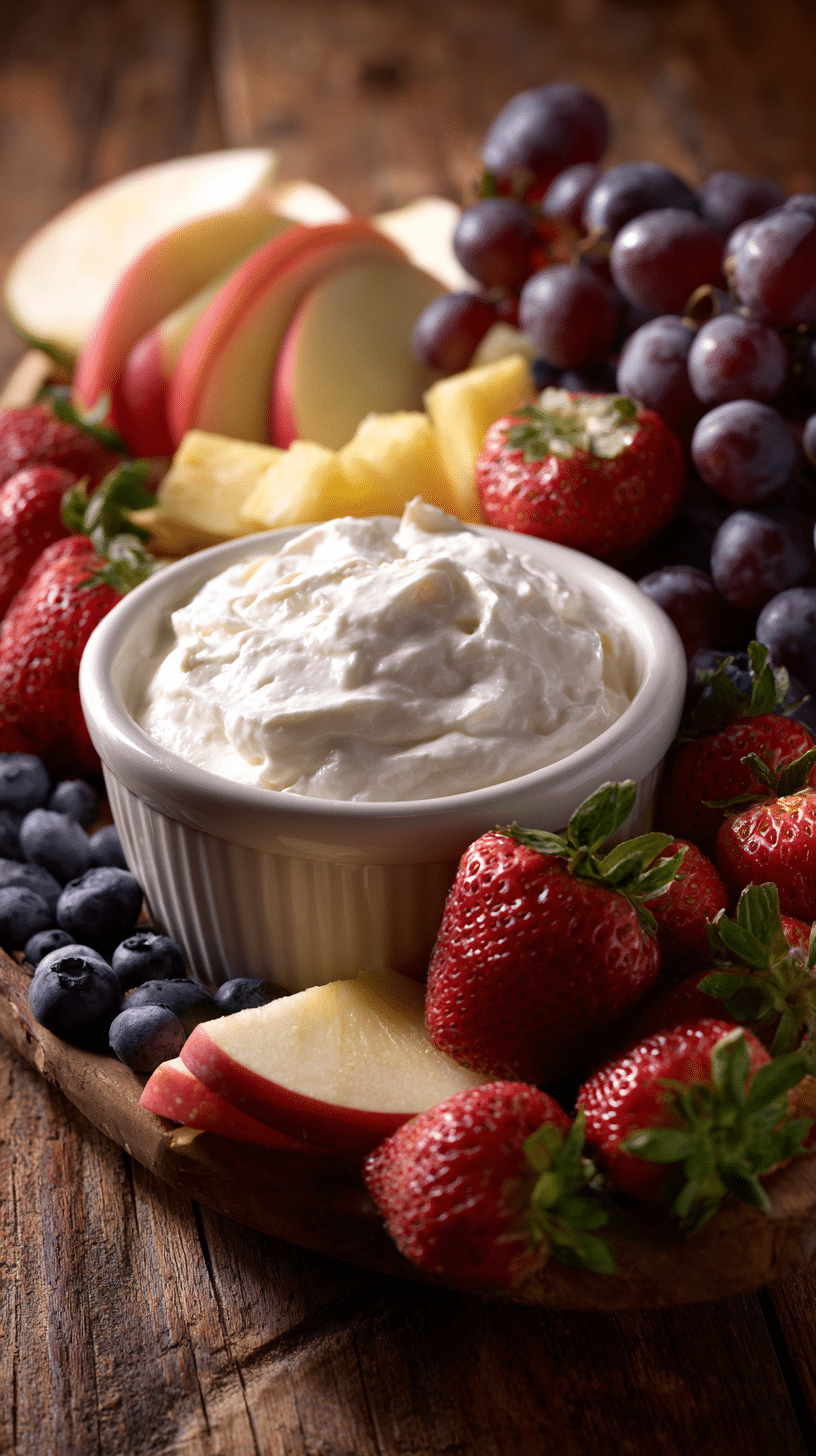 A bowl of creamy fruit dip surrounded by fresh strawberries, apples, grapes, and blueberries on a wooden table.