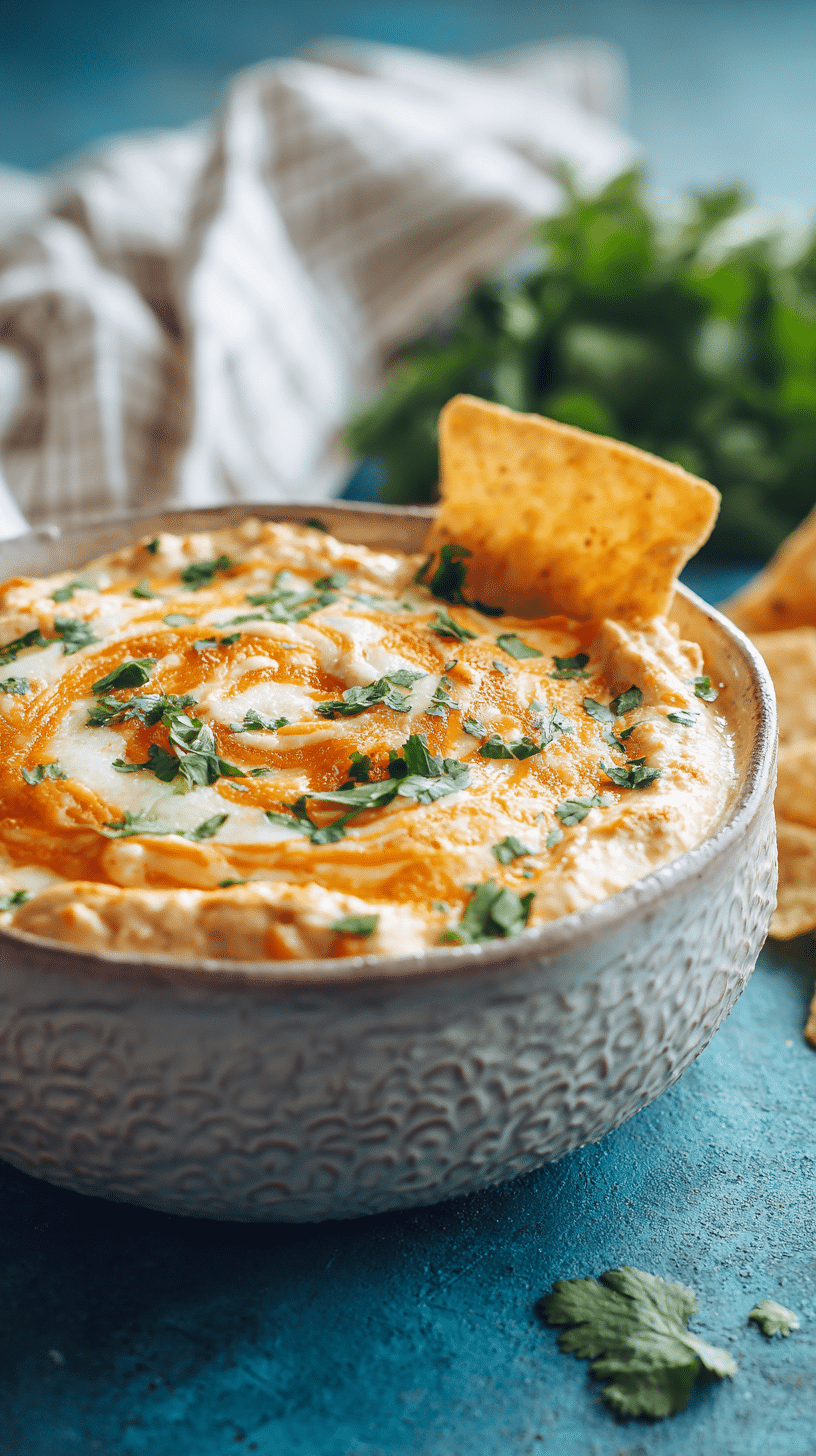 Warm creamy bean dip topped with melted cheese and cilantro in a white bowl with a tortilla chip.