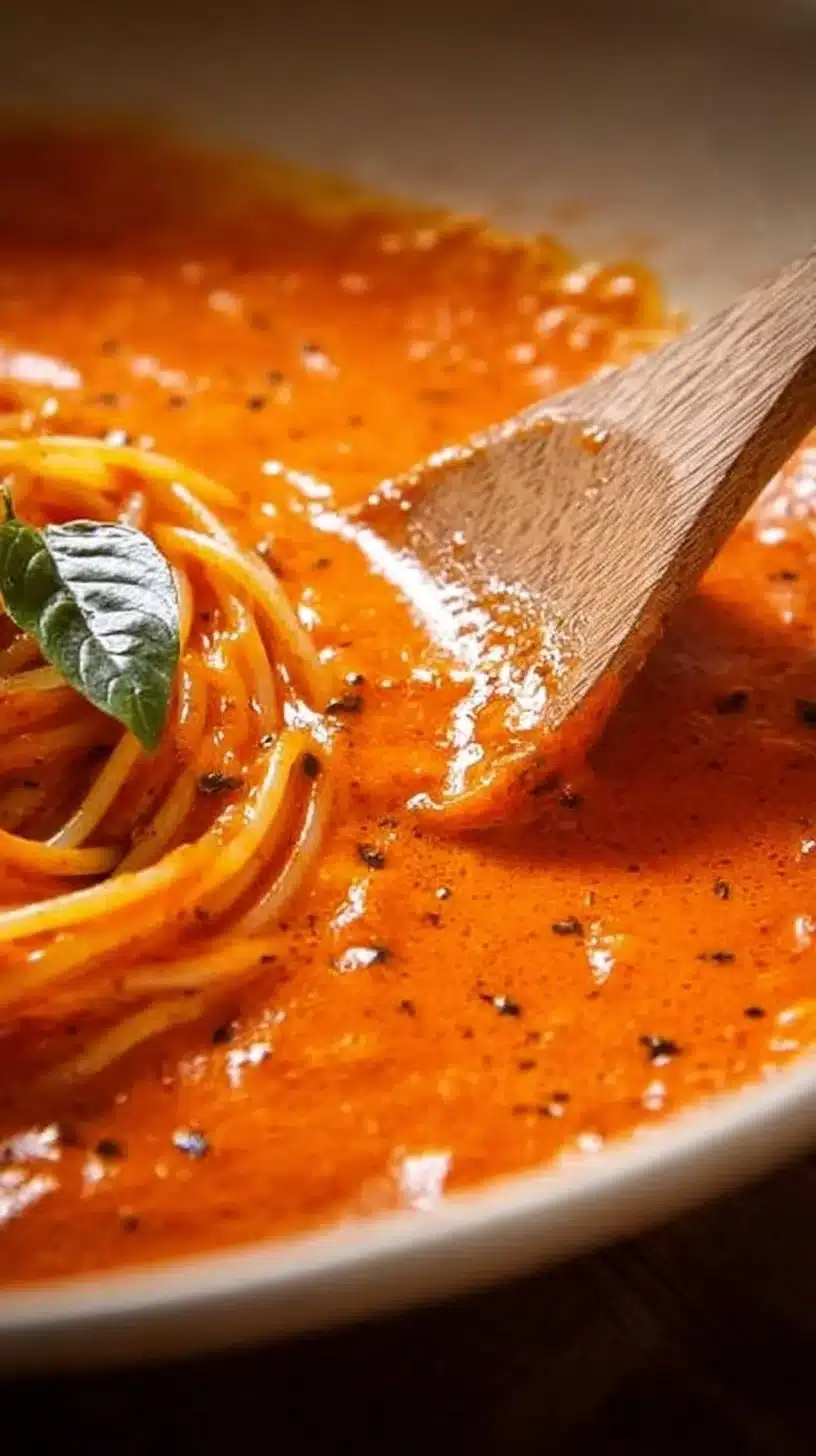 Creamy Italian roasted red pepper pasta sauce served over spaghetti