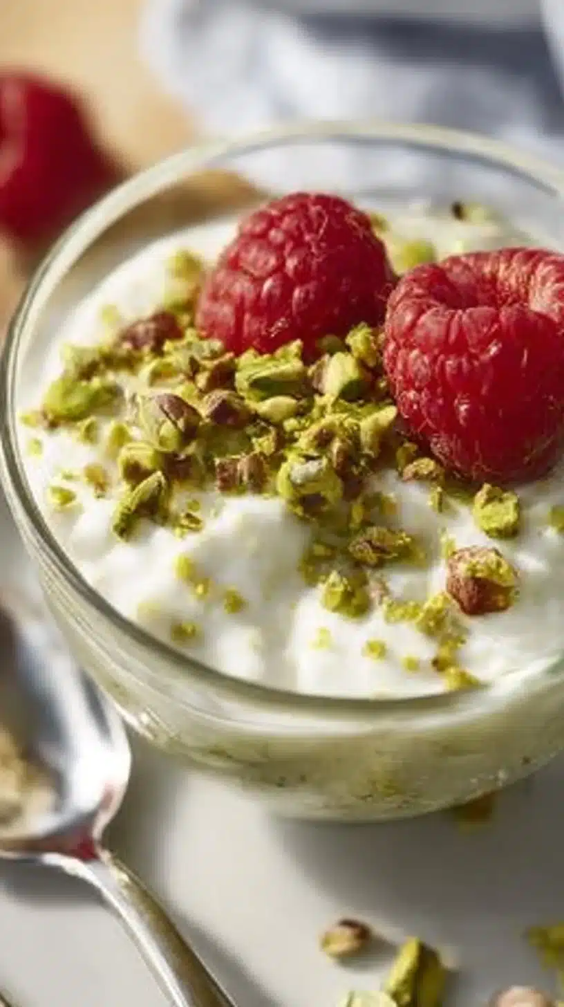 Bowl of creamy pistachio overnight oats topped with nuts and fresh fruits