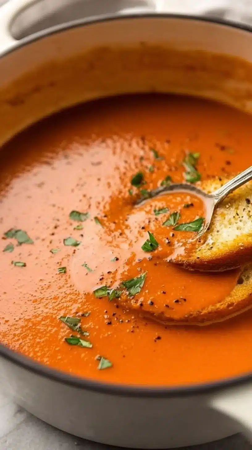 Bowl of creamy tomato soup garnished with fresh basil and served with a slice of bread.