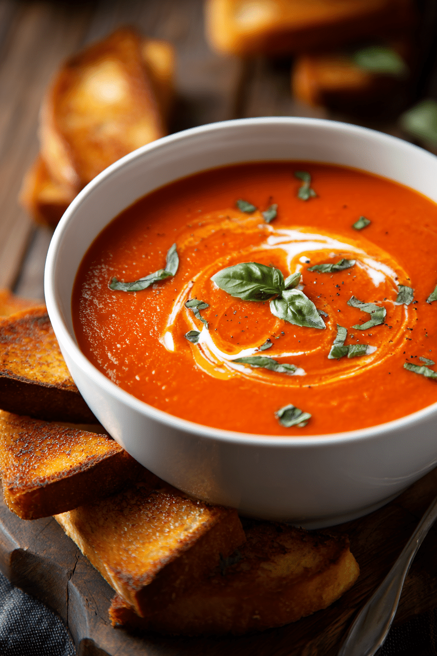Creamy tomato soup with a swirl of cream and fresh basil served with grilled cheese