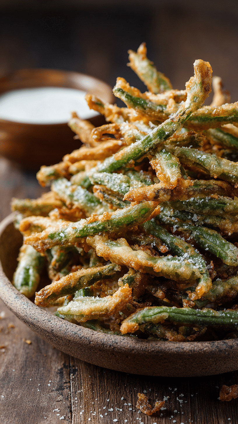Close-up angled shot of golden crispy fried green beans with dipping sauce on a wooden table.