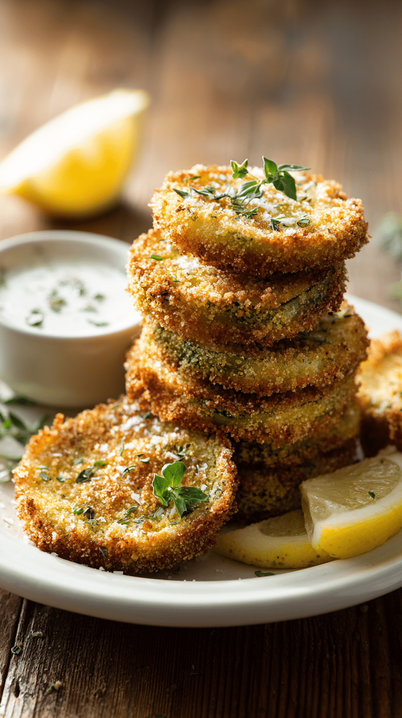 crispy fried green tomatoes stacked on a plate with lemon wedges and dipping sauce