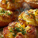 Crispy Garlic Smashed Potatoes with golden edges, garlic, and parsley on a rustic tray