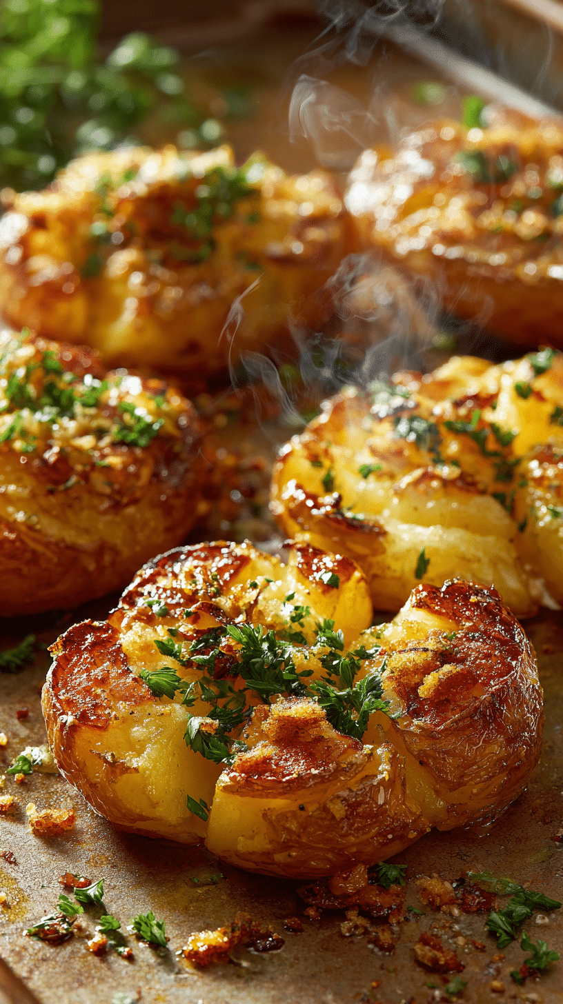 Crispy Garlic Smashed Potatoes with golden edges, garlic, and parsley on a rustic tray