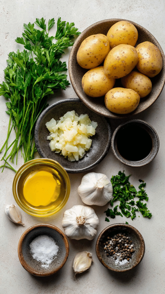 Irresistibly Crispy Garlic Smashed Potatoes You’ll Crave Every Time 5 Flat lay of baby potatoes, garlic, olive oil, salt, pepper, and parsley for Crispy Garlic Smashed Potatoes