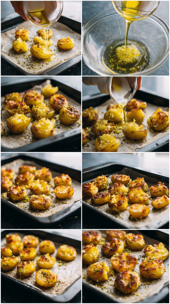 Irresistibly Crispy Garlic Smashed Potatoes You’ll Crave Every Time 6 Step-by-step collage showing how to make Crispy Garlic Smashed Potatoes from boiling to roasting