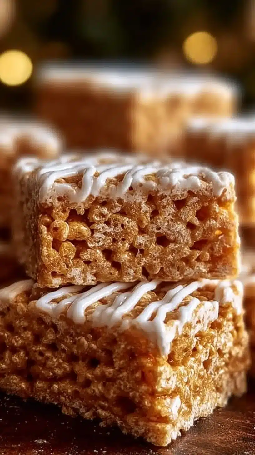 Delicious, crispy gingerbread rice krispie treats served on a festive plate