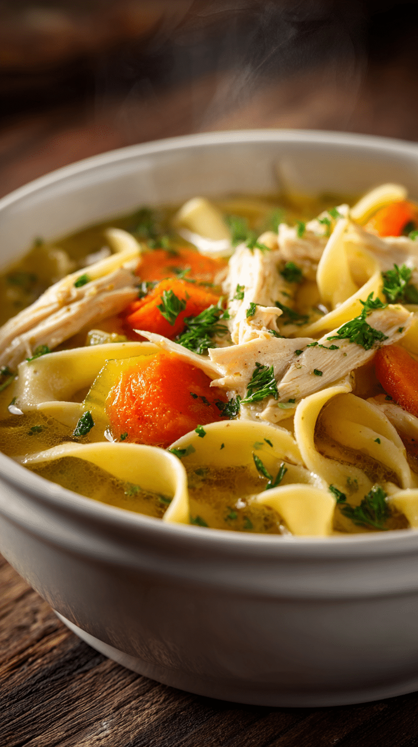 cozy bowl of crockpot chicken noodle soup with tender chicken, noodles, and vegetables