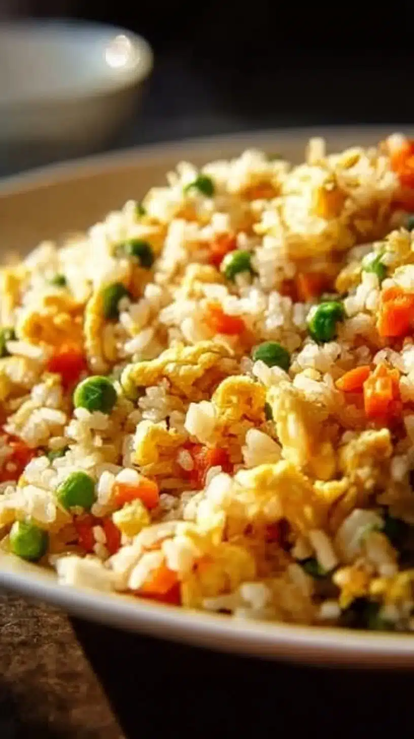 A bowl of delicious homemade fried rice with vegetables and meat