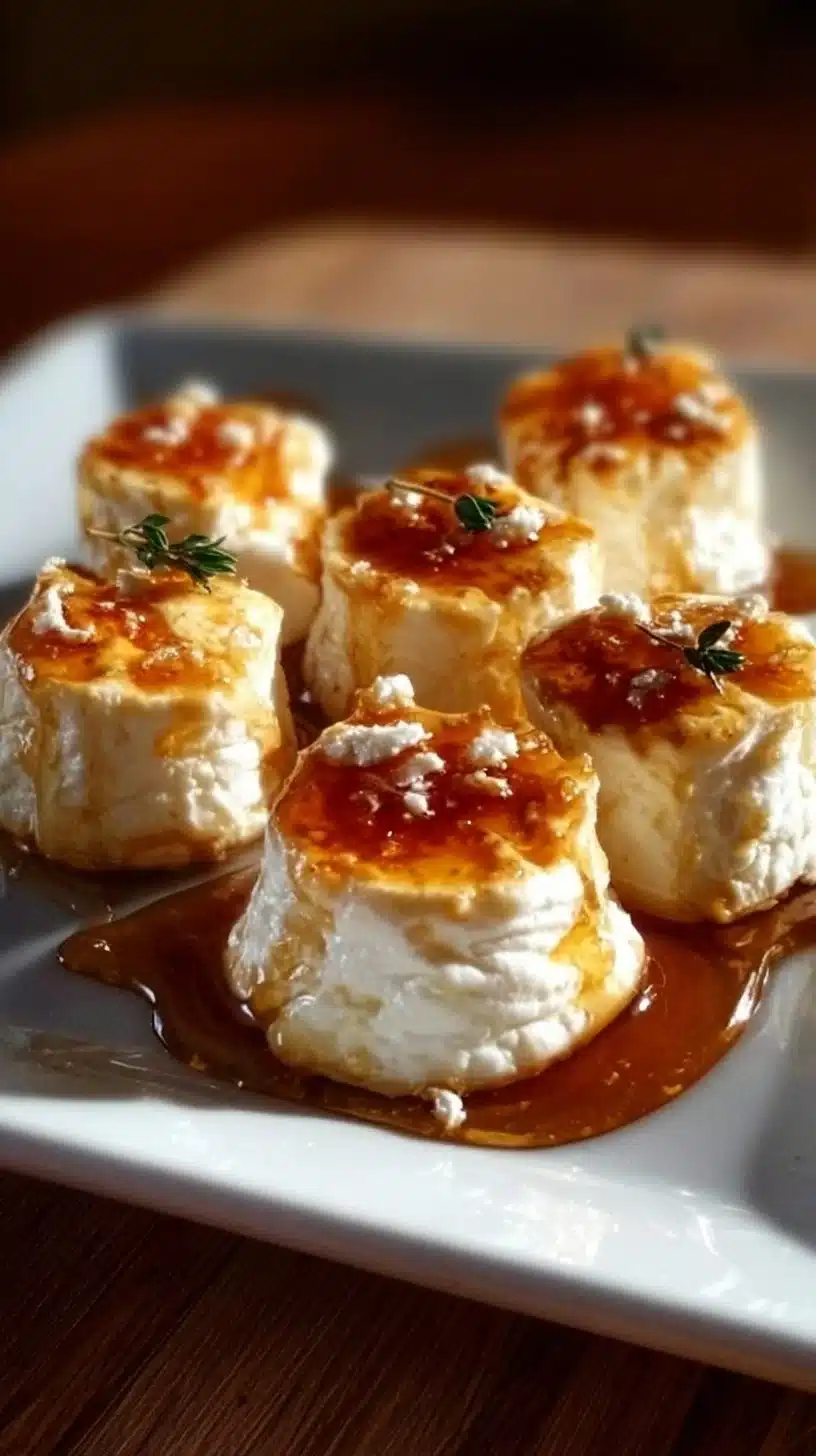 Plate of delicious goat cheese and honey bites served as an appetizer