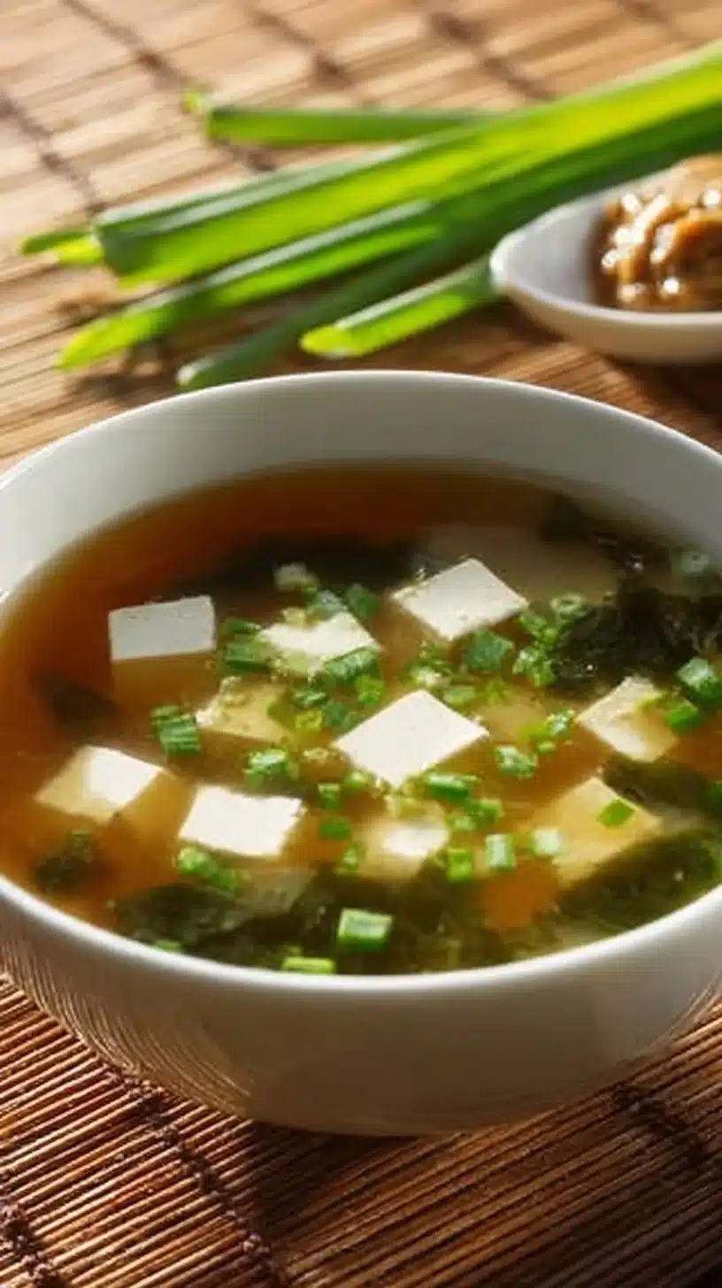 Bowl of easy vegan miso soup with vegetables and tofu, garnished with green onions.
