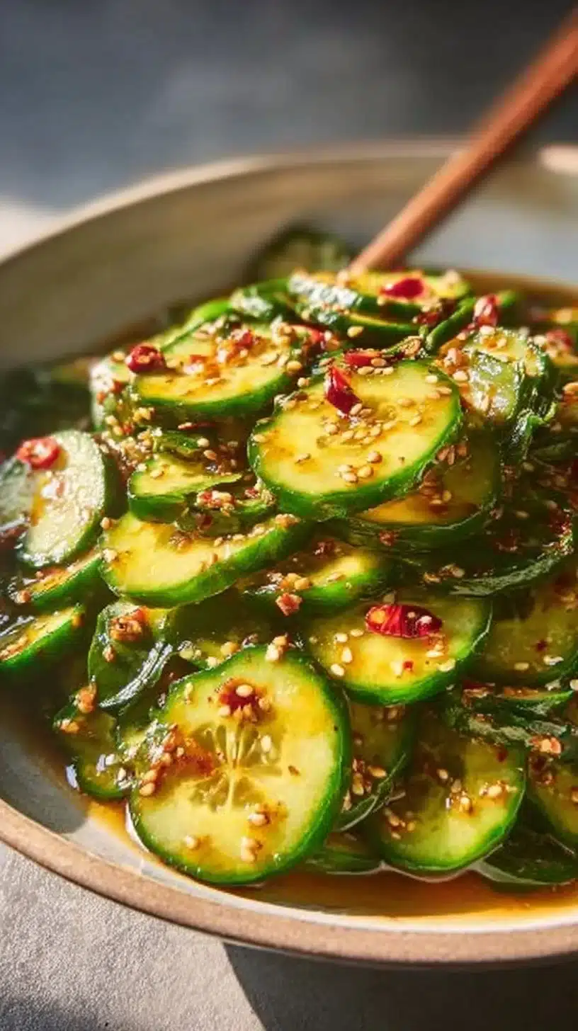 Bowl of easy Asian cucumber salad with sesame dressing and vegetables
