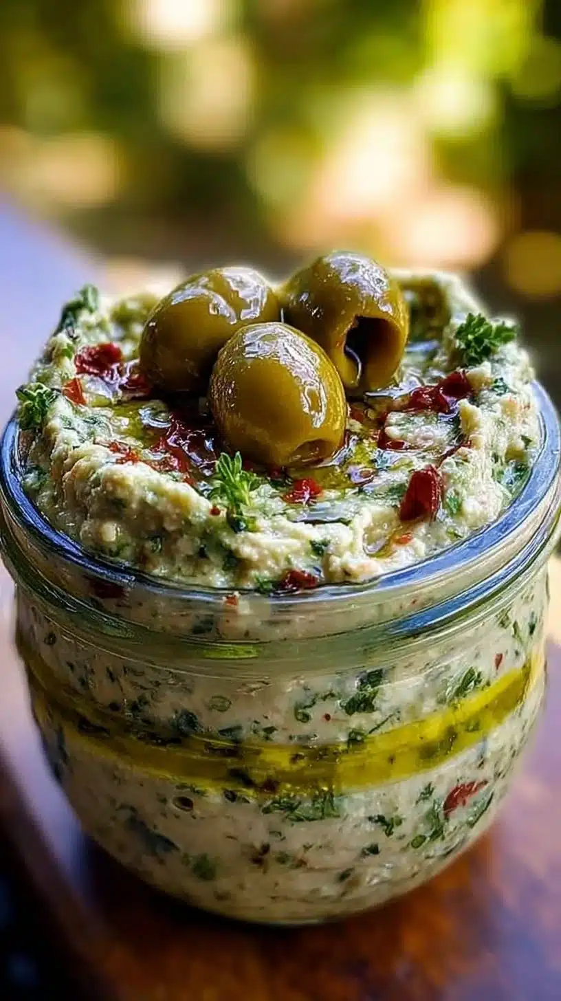 Creamy feta and roasted red pepper dip served in a bowl with fresh herbs