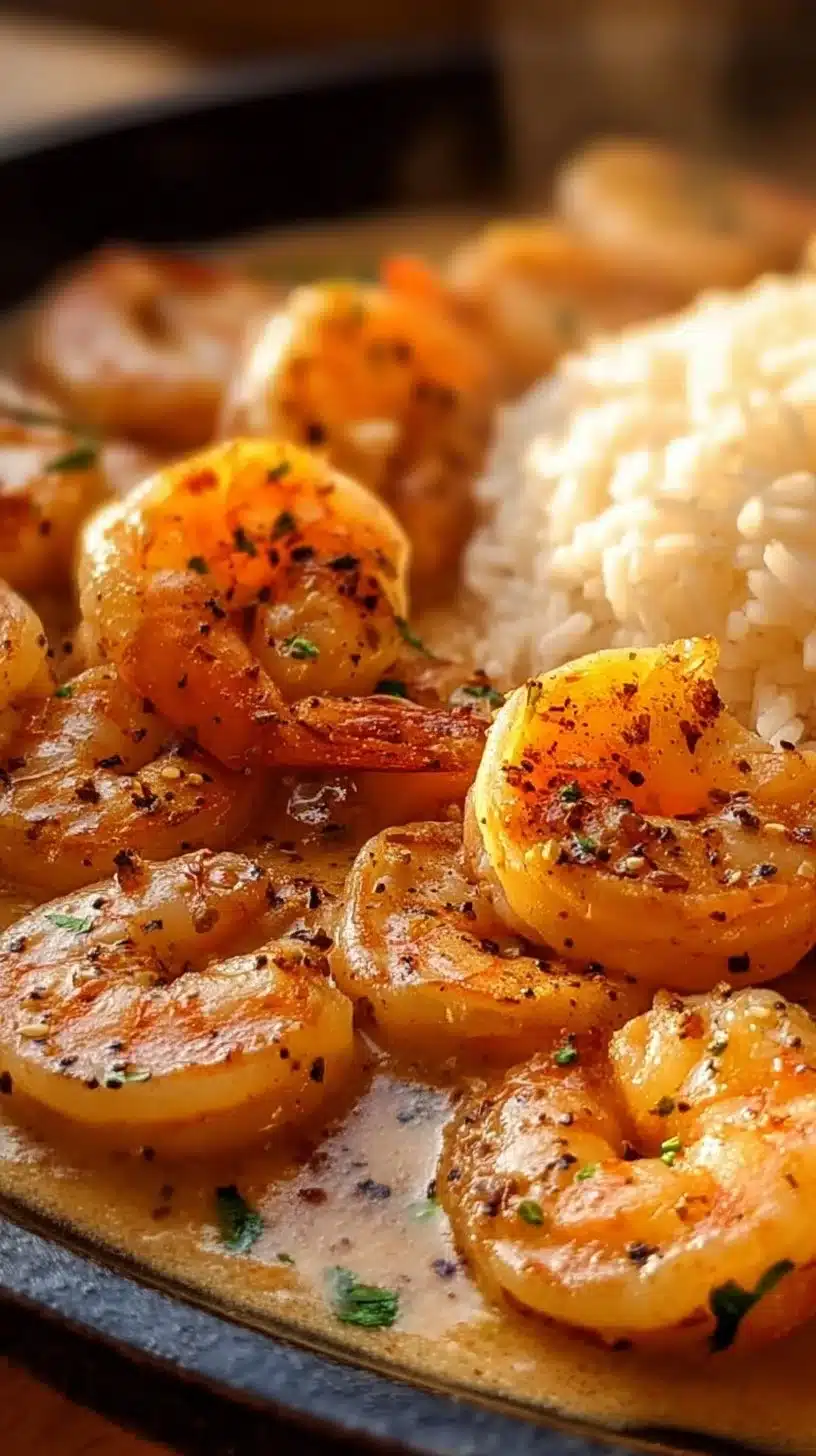 Plate of easy creamy garlic shrimp served with pasta and herbs