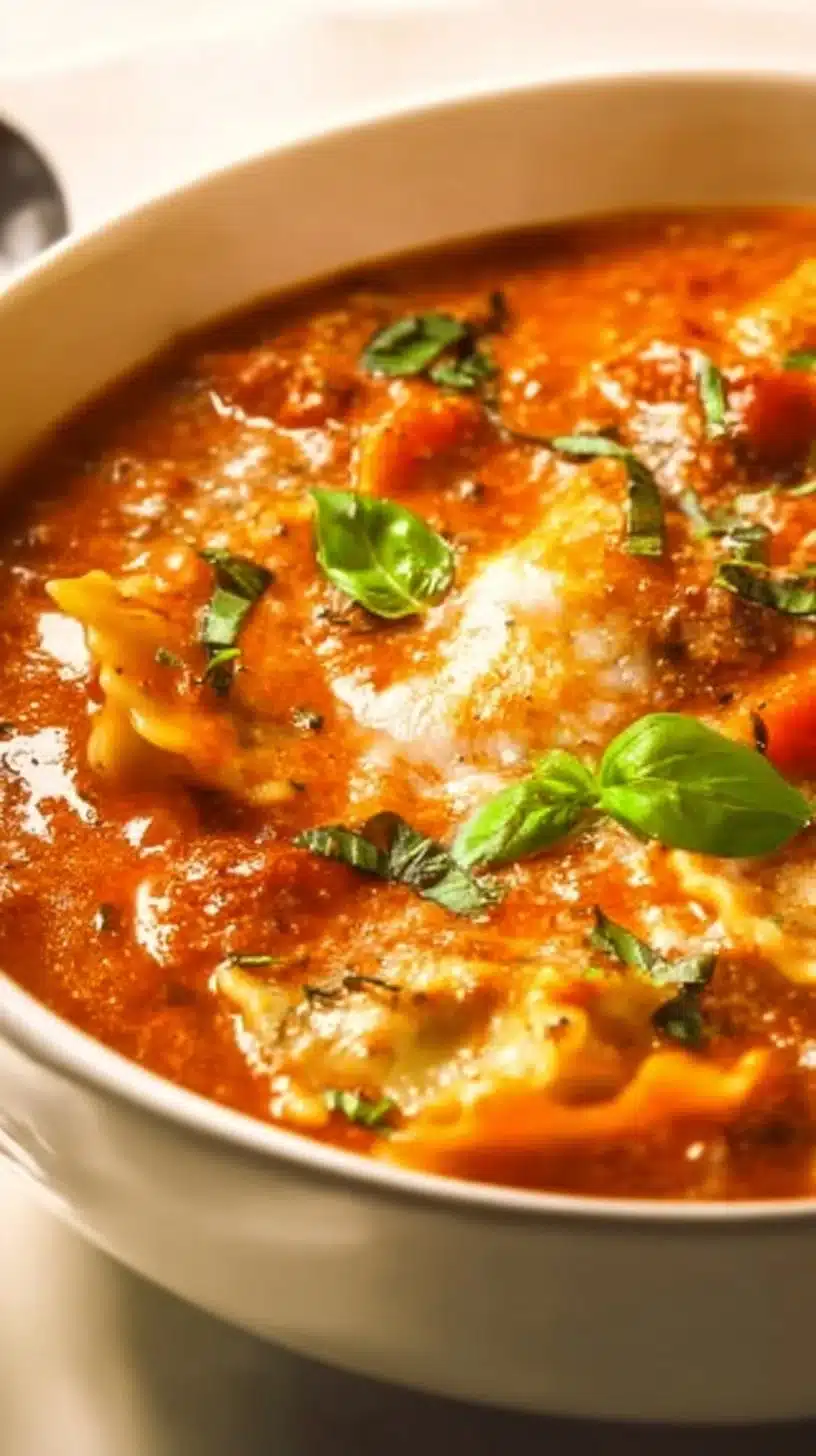 Bowl of easy creamy lasagna soup topped with cheese and herbs