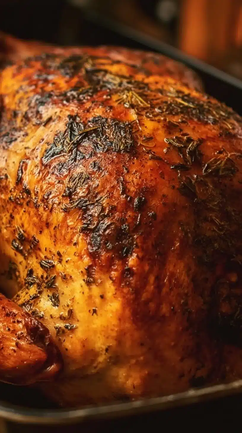 Delicious easy roast turkey garnished with herbs on a festive table