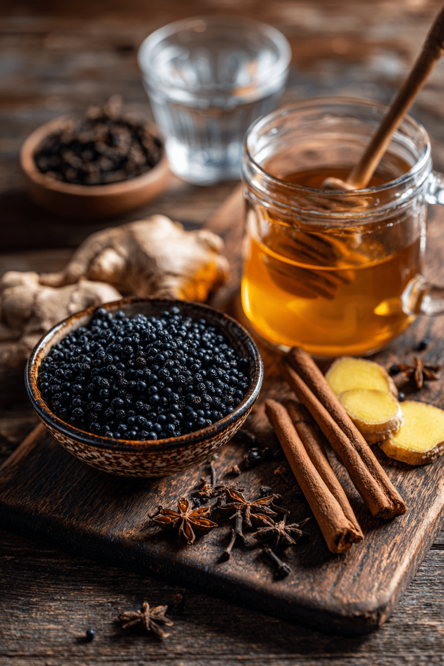 ingredients for elderberry syrup recipe including dried elderberries, honey, ginger, cloves, and cinnamon