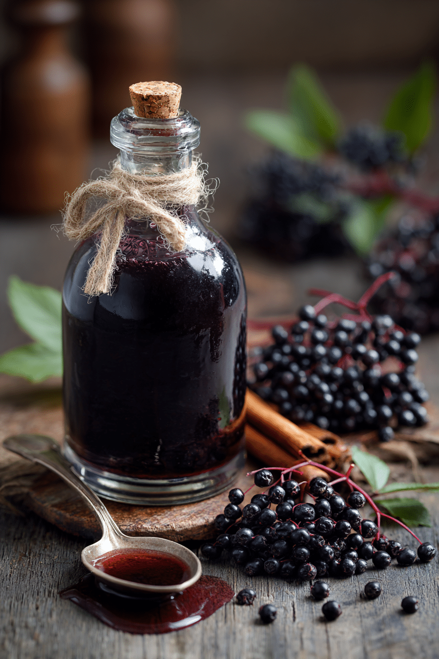 finished jar of homemade elderberry syrup with spoon and fresh berries