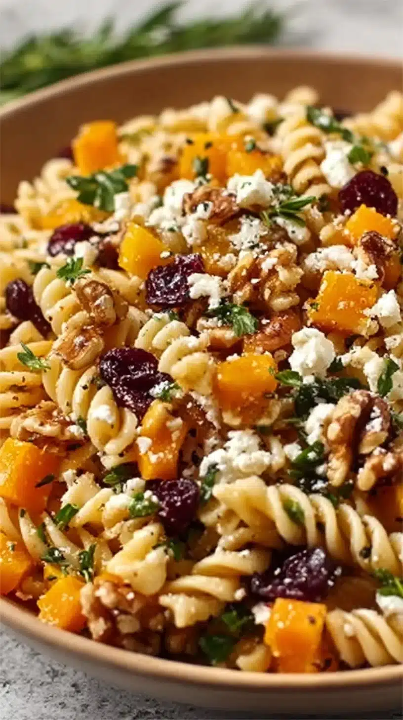 Delicious Fall Harvest Pasta Salad with seasonal vegetables and dressing