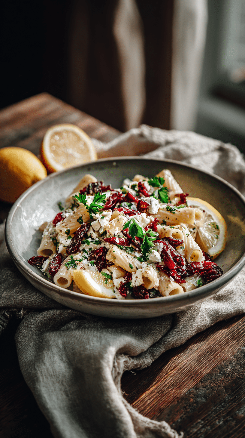 Feta & Cranberry Rigatoni Salad with Lemon Vinaigrette and fresh parsley garnish
