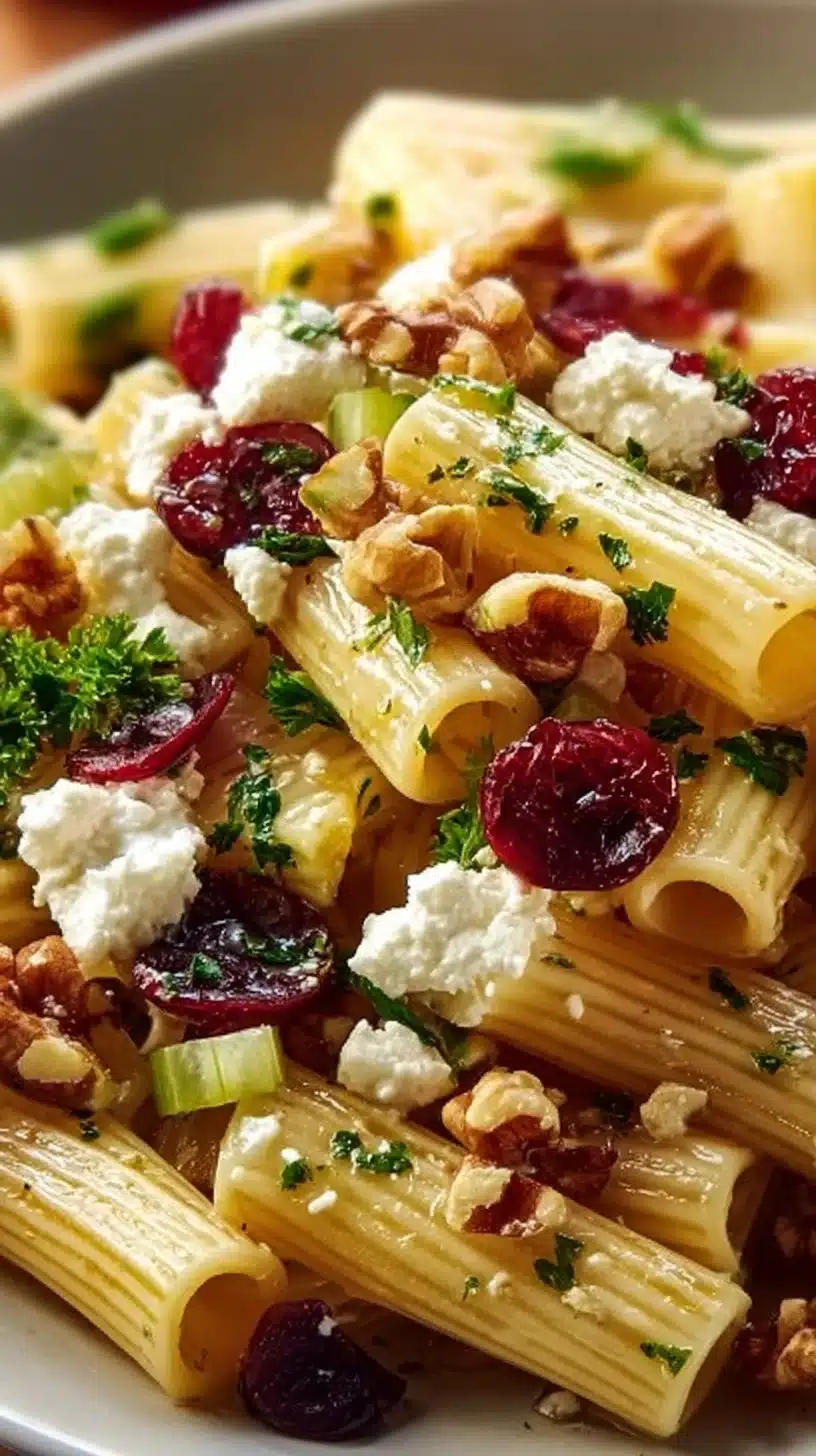 Feta and cranberry rigatoni salad with lemon vinaigrette in a bowl