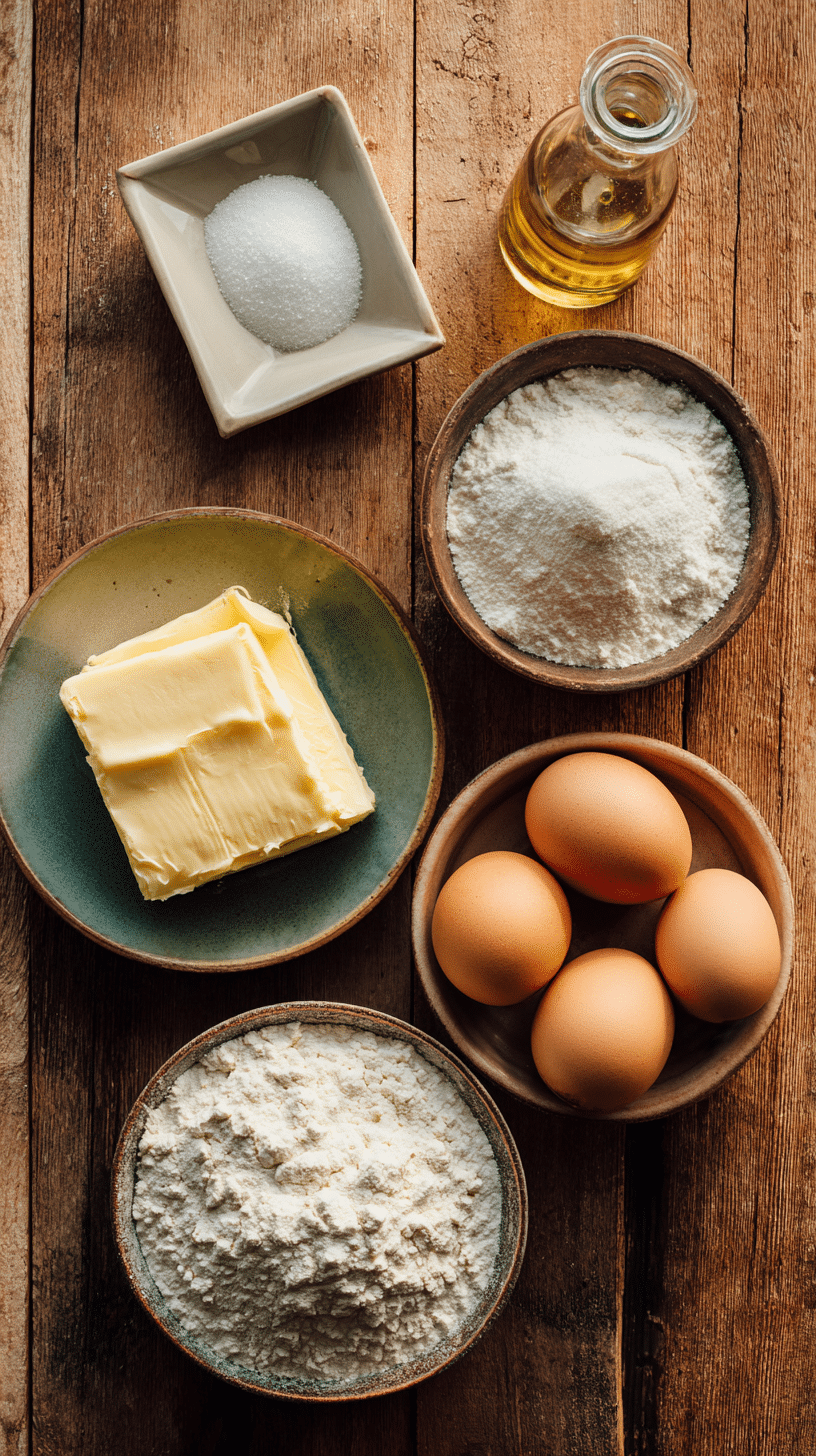 Ingredients for French Butter Cake arranged on a rustic surface, including butter, sugar, eggs, vanilla, flour, baking powder, and salt.