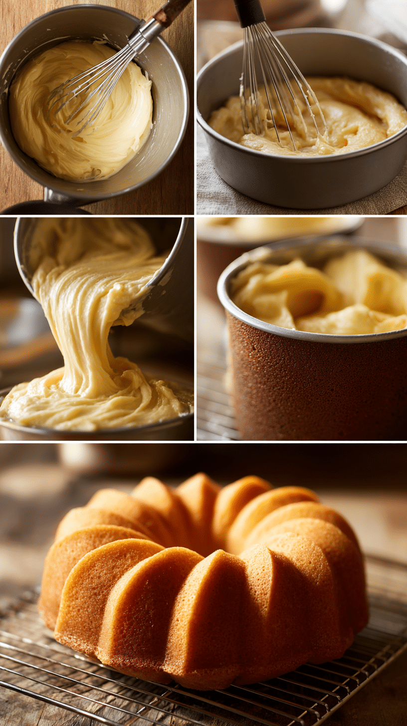 Preparation steps for French Butter Cake showing creaming, mixing, pouring the batter into a pan, and the cake cooling.