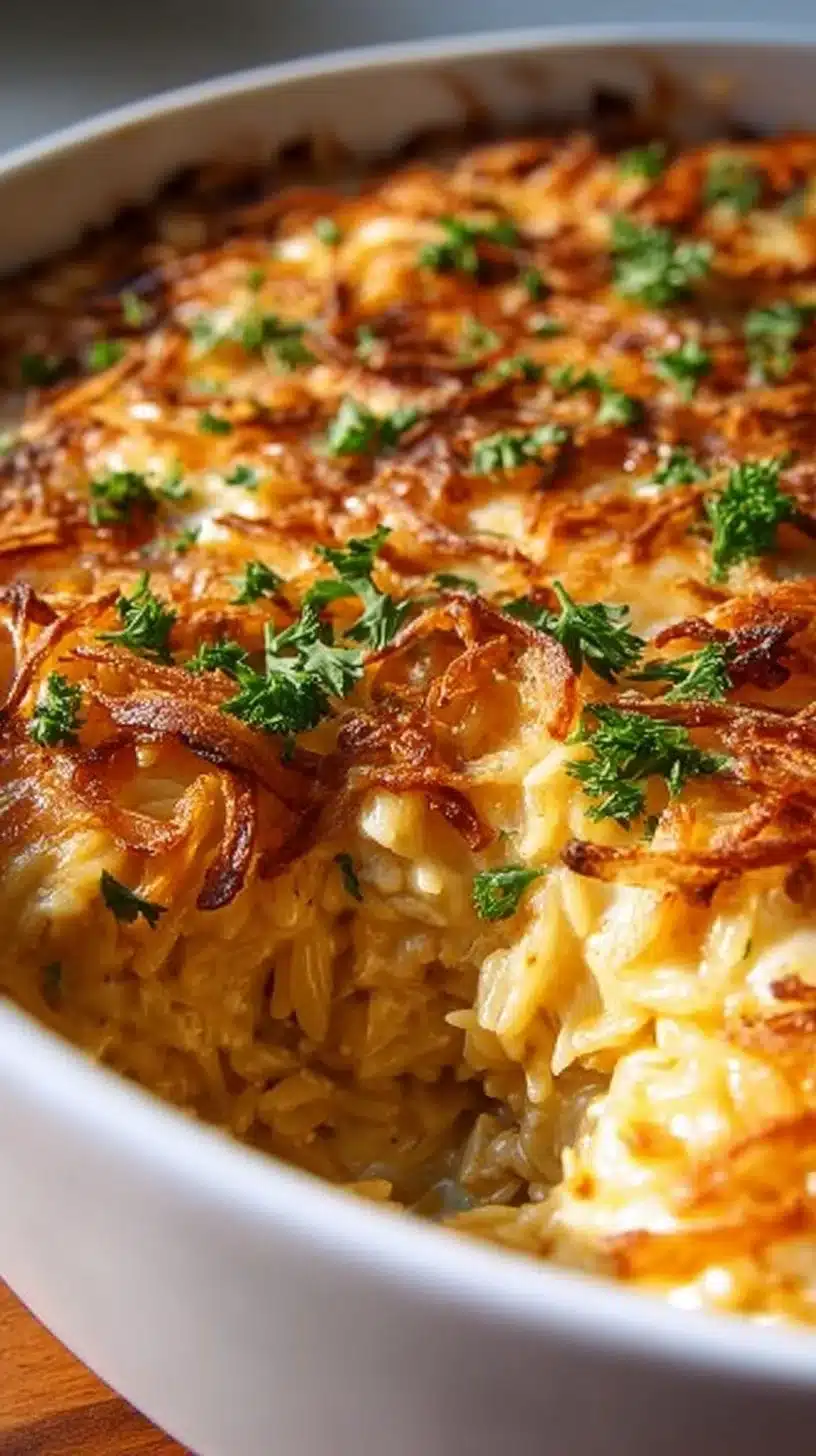 Delicious French onion chicken orzo casserole topped with melted cheese and herbs
