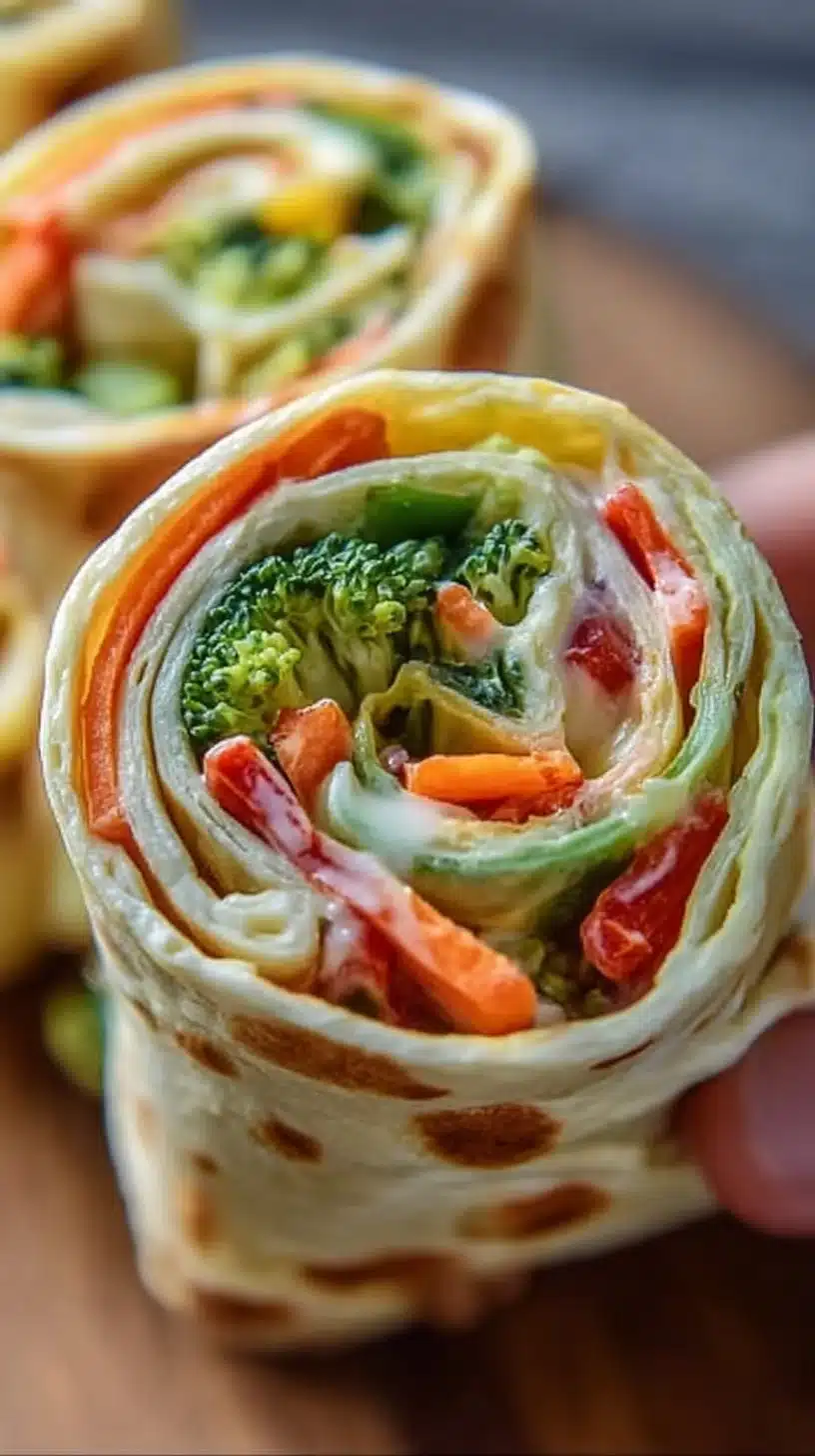 Delicious fresh vegetable tortilla roll ups filled with colorful veggies.