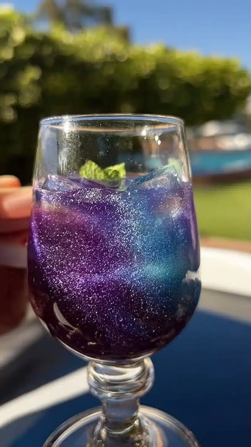 A stunning Galaxy Mocktail with vibrant colors and cosmic layers in a glass.
