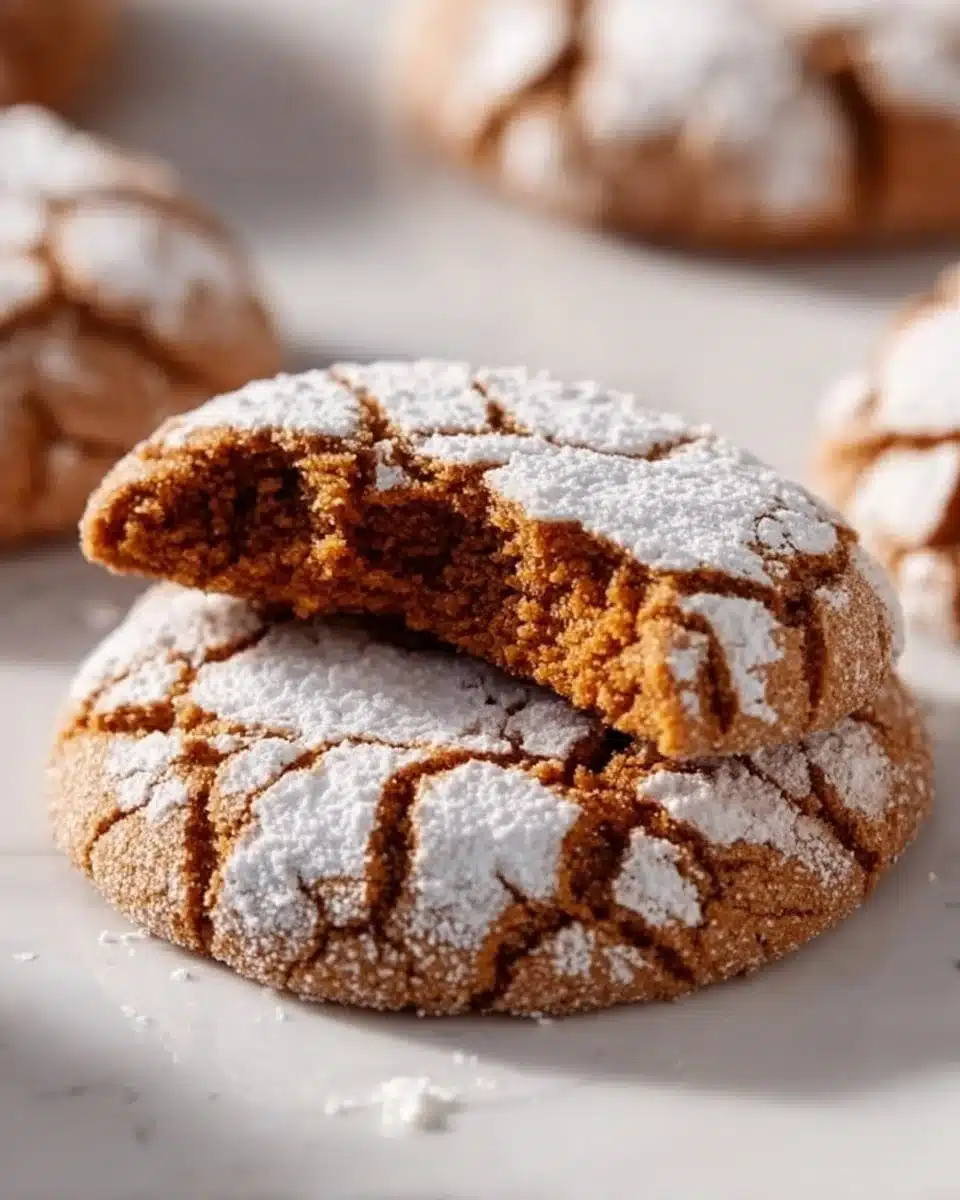 Plate of homemade gingerbread crinkle cookies dusted with powdered sugar