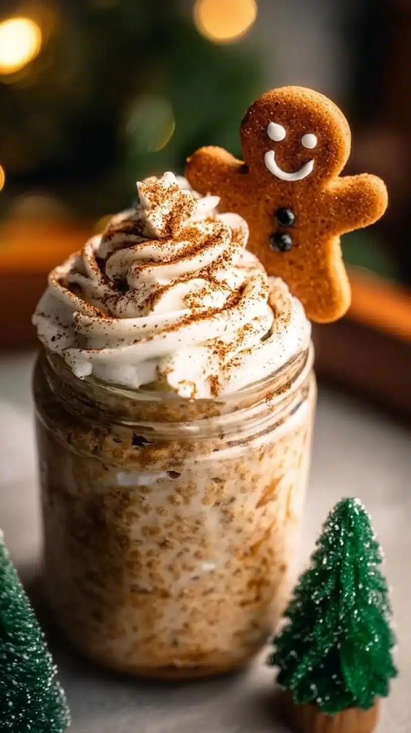 Delicious bowl of Gingerbread Overnight Oats topped with spices and nuts