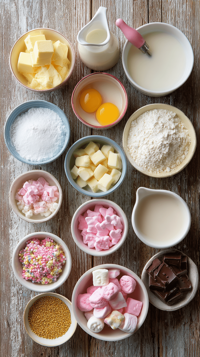 Ingredients for a Gourmet King’s Ring including choux pastry components, glazes, chocolate, and assorted candy decorations.