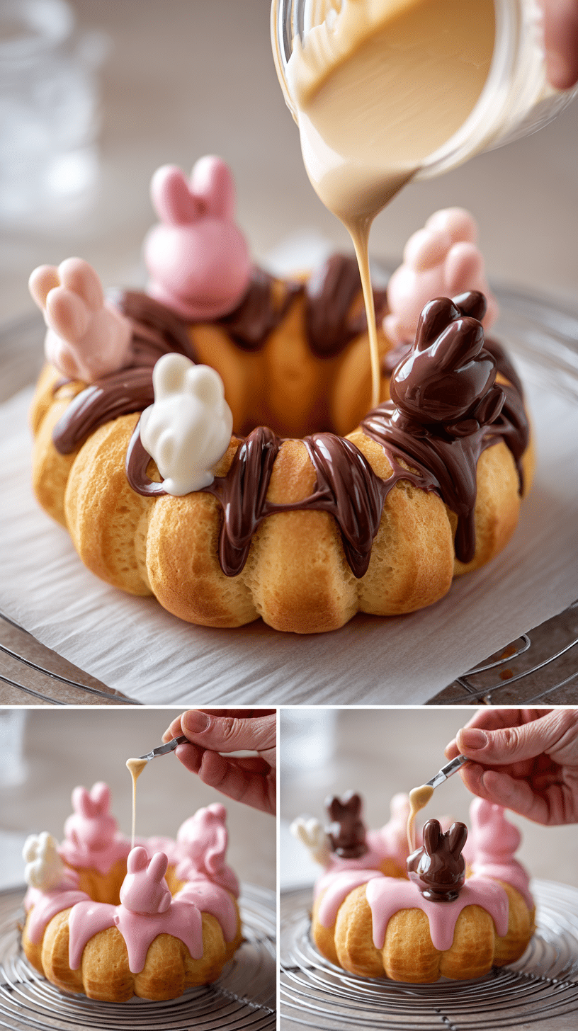 Preparation steps for a Gourmet King’s Ring showing piping the ring, baking, glazing, drizzling chocolate, and adding decorations.