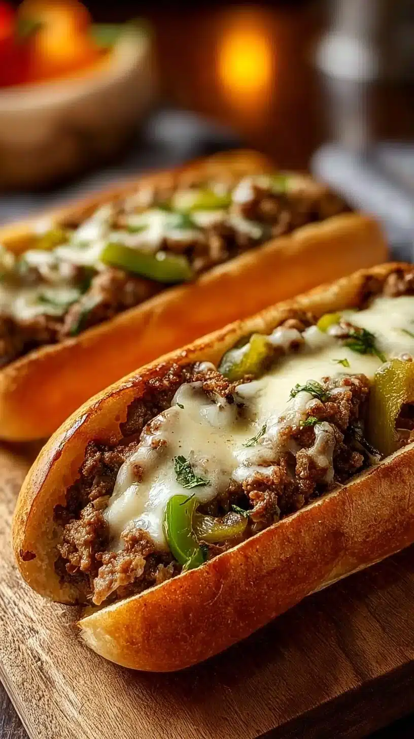 Ground Beef Philly Cheesesteaks served on a plate with melted cheese and toppings