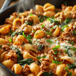 Ground turkey pasta in a creamy tomato sauce with Parmesan and fresh basil served in a rustic skillet.