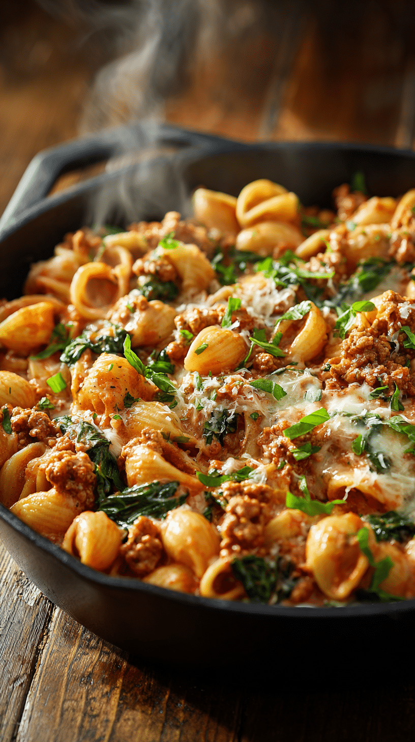 Ground turkey pasta in a creamy tomato sauce with Parmesan and fresh basil served in a rustic skillet.