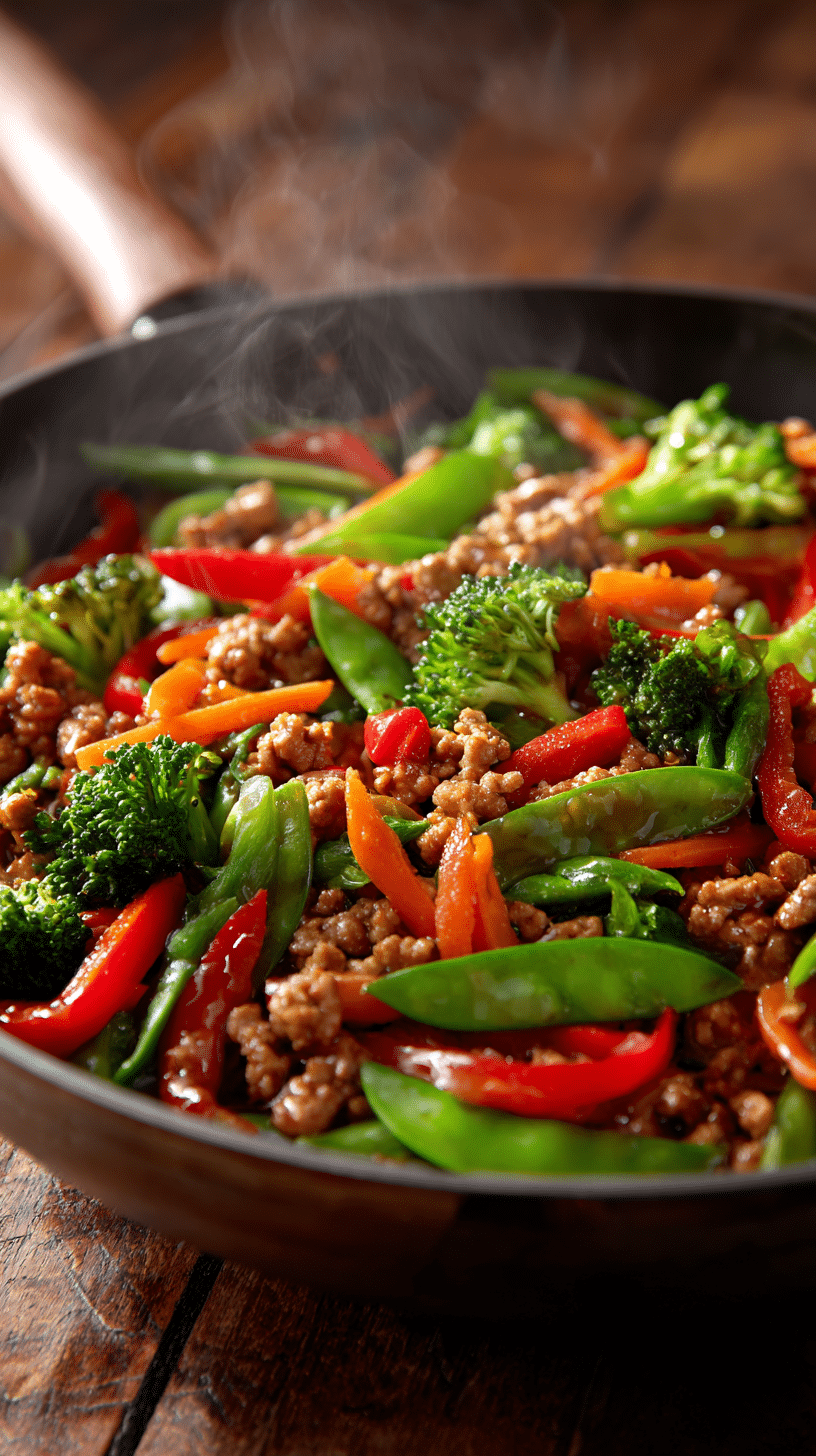 Ground turkey stir fry with colorful vegetables in a skillet coated in a glossy savory sauce.