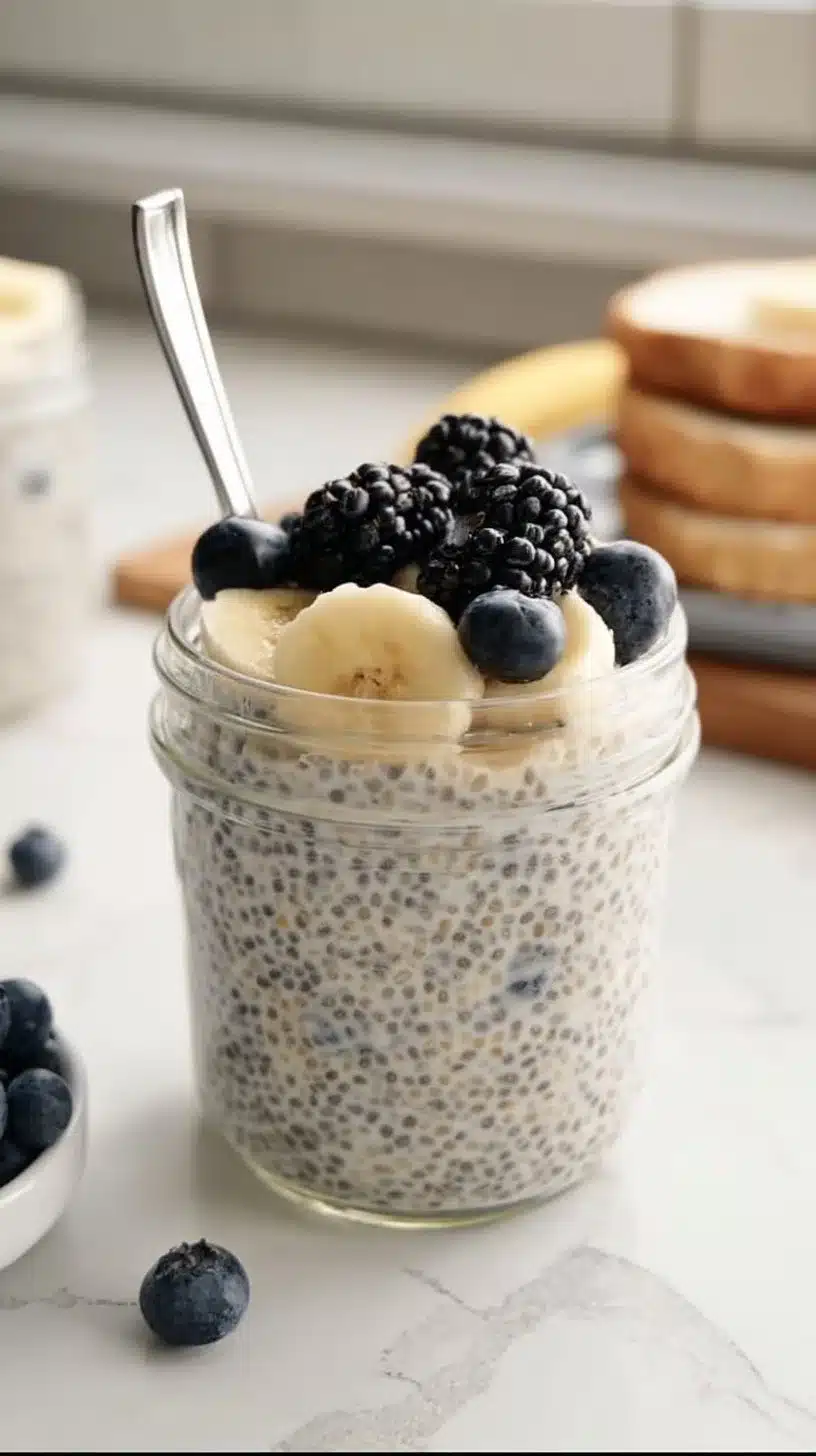 Healthy vanilla chia seed pudding with fresh fruit and nuts in a bowl