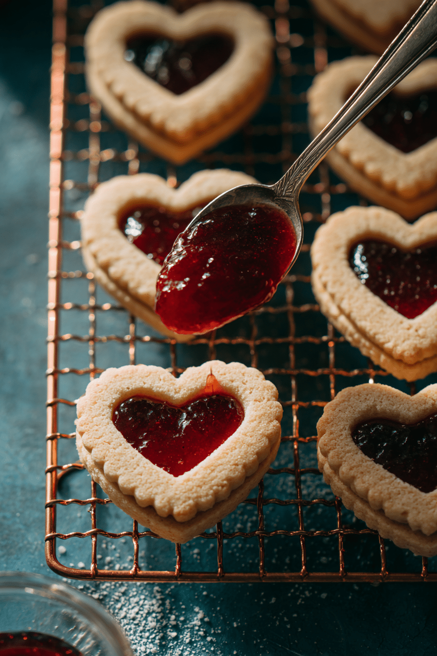Heart-shaped cookies on a cooling rack with a spoon adding red jam into the centers